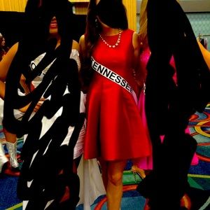 Kate Space cocktail dress shiny red satin . V back with removable bow A-line.